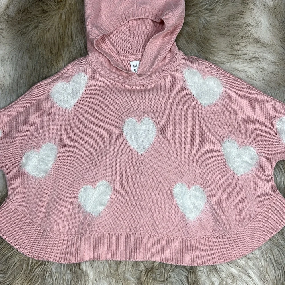Gap Kids Pink Heart Hooded Poncho Sweater with Ears – Size 5